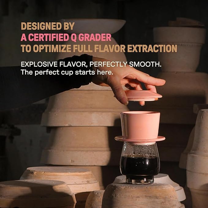 [Holiday Gift] Ceramic Vietnamese Phin Filter by PHINOI - Pour Over Coffee Dripper – 1-3 Cup Coffee Maker with Flower Design – Reusable Coffee Filter for Manual Brewing, Travel Friendly (Pink)