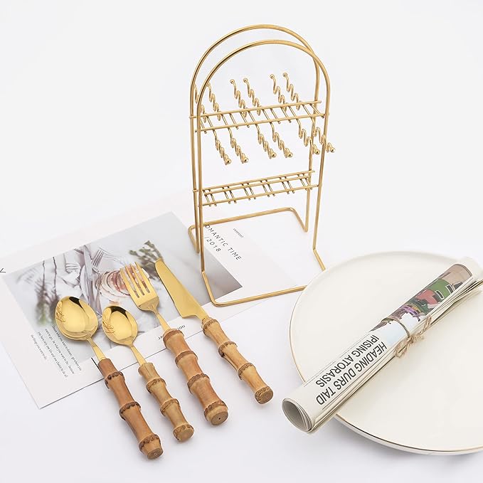 Bamboo Silverware set, 25 PCS Natural Bamboo Flatware Set with Holder, Stainless Steel Forks Spoons and Knives set with Bamboo Handle, Gold Cutlery Set with Stand, Service for 6