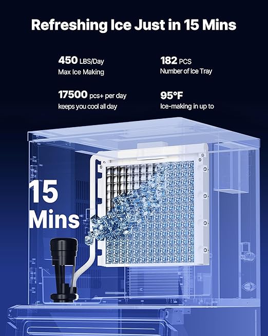 VEVOR Commercial Ice Maker, 450 Lbs/Day Ice-Making Machine, 180 Lbs Large Storage Bin with 20 Lbs/Min Automatic Ice-Dispensing, Self-Cleaning Ice Machine with Touchscreen for Bar, Cafe, Restaurant