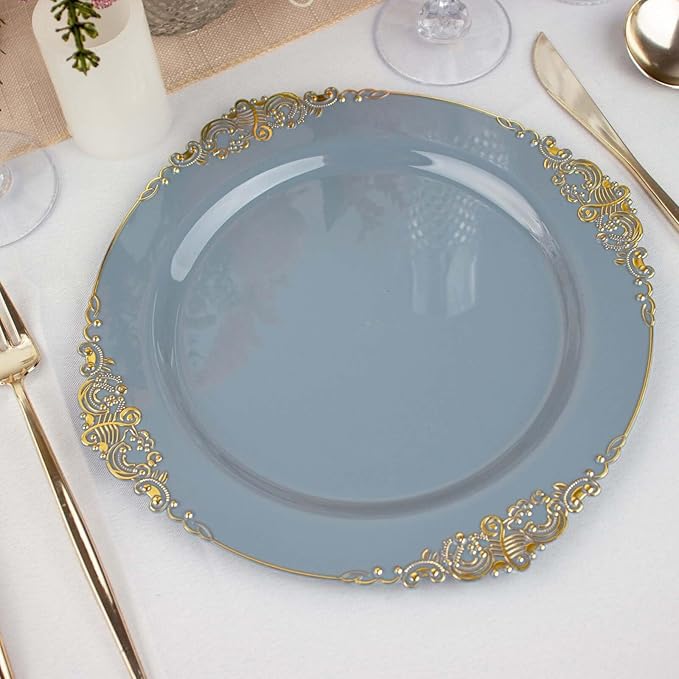 10" Dinner Plates -Set of 20 - Plastic Dusty Blue Round Baroque Disposable Chargers Leaf Embossed Rim, Ideal for Dinner Party Wedding Bulk Events