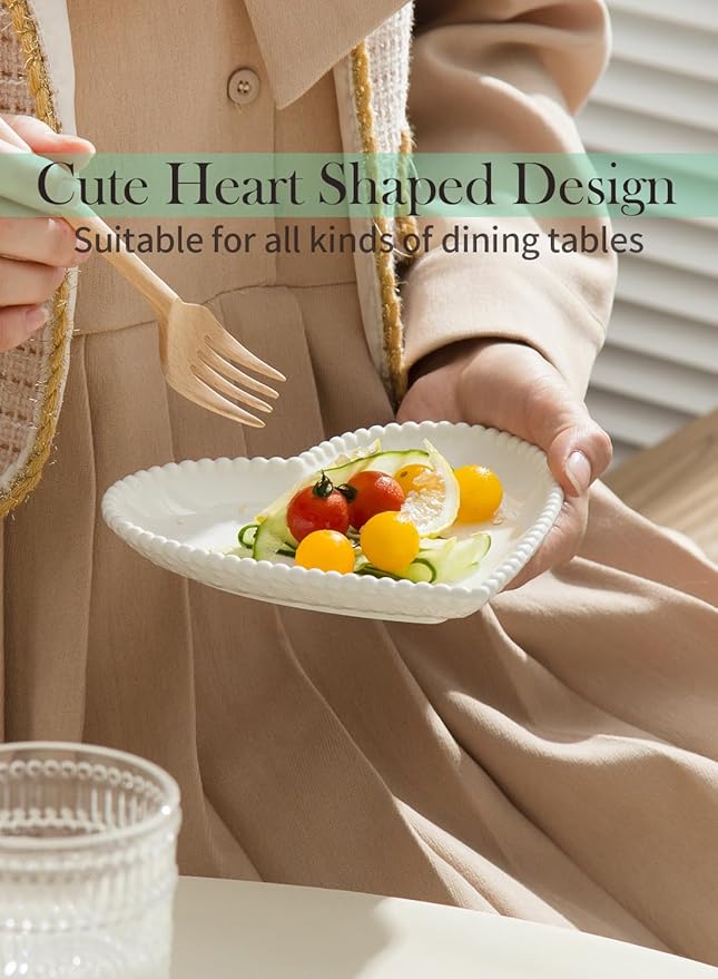 OMAYKEY 7.5 Inch Ceramic Dessert Plates Set of 10, Porcelain Salad Plates, Heart Shaped Appetizer Plates, Small Dinner Plates for Cake, Snack, Ice Cream, Microwave, Oven, Dishwasher Safe, White