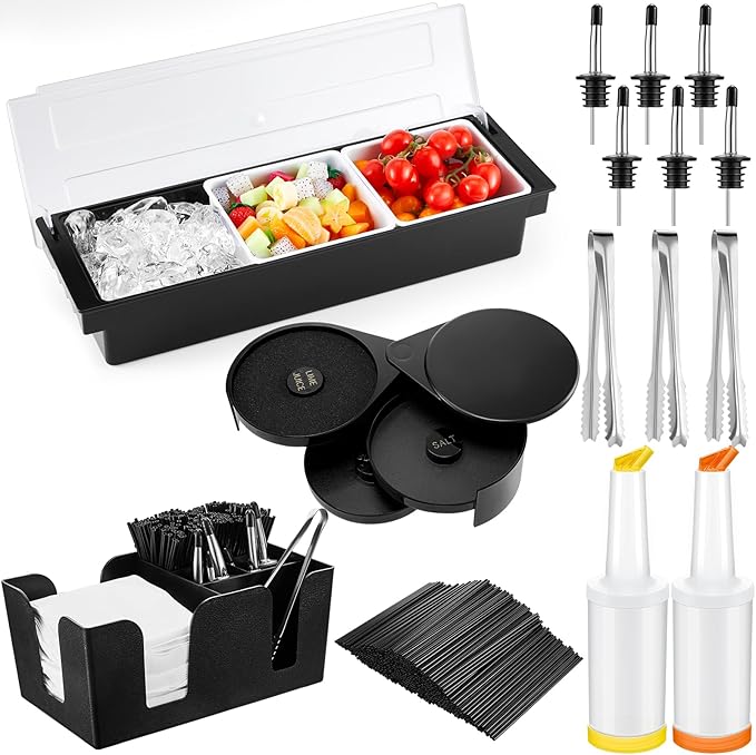 Mifoci Bartending Supplies Garnish Tray with Lid Bar Caddy 3 Tier Glass Rimmer 12 Stainless Steel Bottle Pourers 2 Juice Pour Bottle 1000 Cocktail Straw 3 Serving Tong(3 Compartments,Plastic)