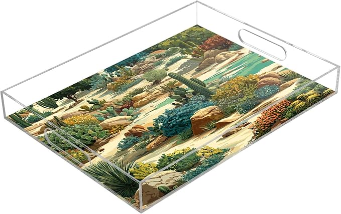 Serving Tray with Handles Clear Acrylic Tray 12x16 Inch Decorative Rectangular Tray Organizer for Ottoman Coffee Table Bathroom Mexico Desert Cactus Green