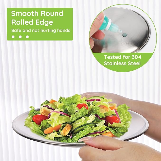10 Stainless Steel Plates, 7.8 inch 304(18/8) Metal Camping Plate, Reusable Food Serving Dish Snack Eating Dishes Round Shatterproof Plate Silver Dinnerware for BBQ Dinner Oven Dishwasher Safe