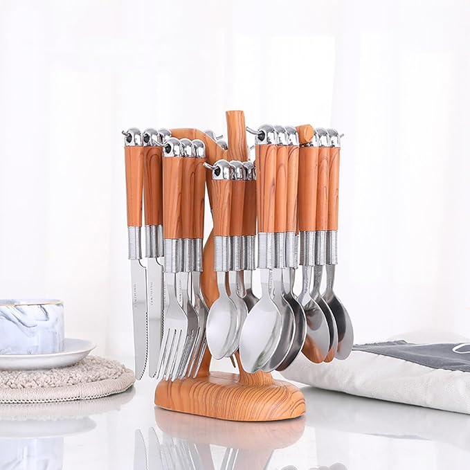 32-Piece Silverware,Service for 8，Woodgrain 410 Stainless Steel Portable Serving Set,Well Made，Ergonomic，Durable，Family Gatherings，Picnic，Everyday Household，Mirror Finish, Gift Box