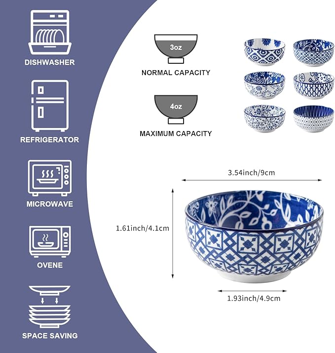 Ceramic Mini Dipping Bowls - 4 Oz Small Dessert Bowl Set - 3.5 Inch Porcelain Bowls for Side Dishes, Snack, Yogurt, Appetizer - Microwave Dishwasher Safe - Set of 6 - Vintage Blue