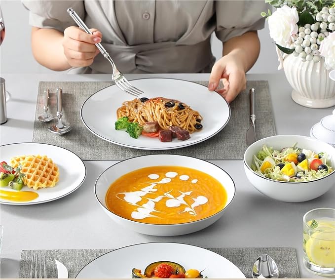 24-Piece Black-Rimmed Ceramic dinnerware Set, White Porcelain Plates, Including 4 Dinner Plates/Dessert Plates/Soup Plates/Bowls, Black Rimmed - 48-Piece Set,Black Rim-48 Piece