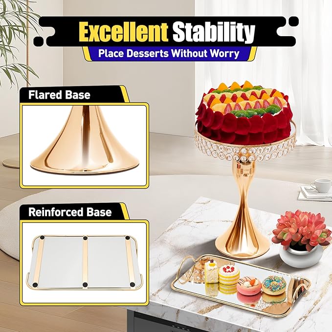 10PCS Wedding Metal Dessert Table Set, Crystal Cake Stand Cupcake Holder Gold Cake Display with Acrylic Mirror Surface, Cupcake Dessert Plate Display for Birthday Party