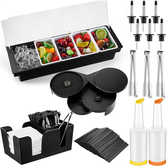 Mifoci Bartending Supplies Garnish Tray with Lid Bar Caddy 3 Tier Glass Rimmer 12 Stainless Steel Bottle Pourers 2 Juice Pour Bottle 1000 Cocktail Straw 3 Serving Tong(5 Compartments,Plastic)