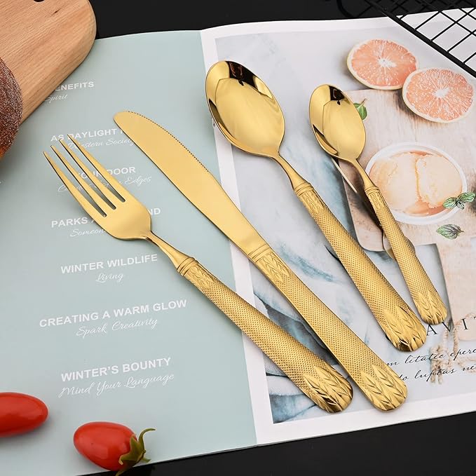JASHII 304 Stainless Steel Hammered Silverware Set with Wheat Spike Pattern, Modern Eating Tableware Flatware Set, Service for 6. Flat Handle, Dishwasher Safe - Shiny Gold