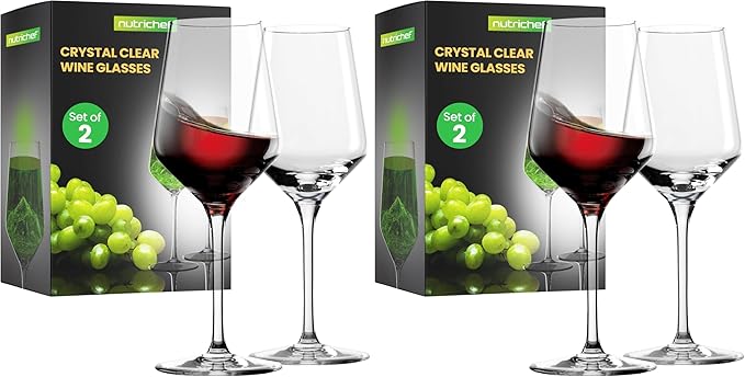 NutriChef Crystal Wine Glasses - 2 Elegant Tall Red and White Wine Clear Stemmed Glass Drinkware, Seamless Bowl, 100% Lead-Free, Dishwasher Safe, for Wine Enthusiasts (Pack of 2)