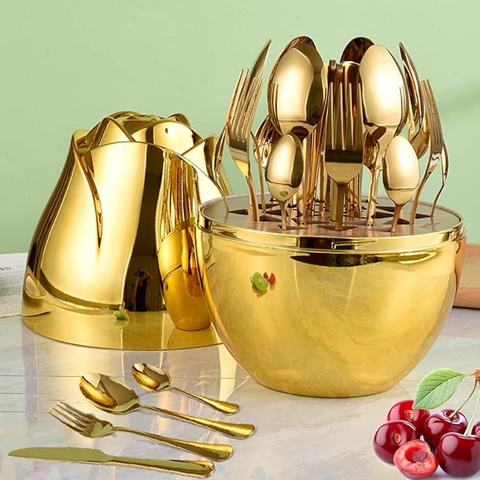 24pcs Stainless Steel Flatware Set, Rose Shape Cutlery Set, Mirror Polished Tableware Eating Utensils Set For 6, Tableware Cutlery Knife Fork Spoon Set, For Home Restaurant,Color-C