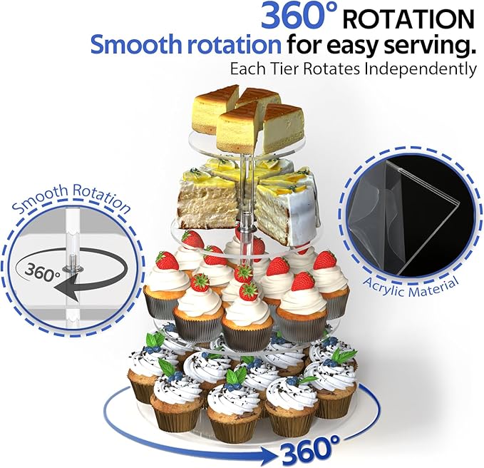 4-Tier Rotating Cupcake Stand, Clear Acrylic 360° Spinning Dessert Display Tower for Cakes & Pastries, Serving Stand for Weddings, Birthdays, Parties