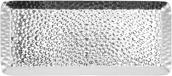 Dioche 4x12 SilvStylish 25x11cm Hammered Stainless Steel Serving Tray - Multipurpose for Desserts, Fruits & Refreshments - Dishwasher Safe Elegance for Home & Restaurant (Silver)