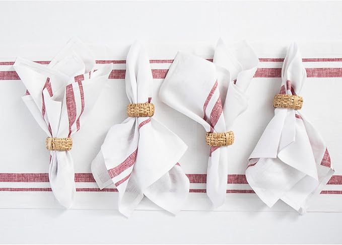 Solino Home French Stripe Linen Napkins Set of 4 - Burgundy and White 100% Pure Linen Cloth Dinner Napkins 20 x 20 Inch for Christmas, Holiday, Winter, New Year