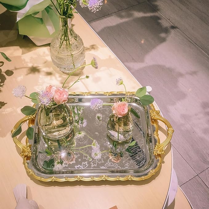 4 Pcs Silver Serving Tray with Handles Elegant Victoria Floral Engraved Metal Platters Large Decorative Trays for Buffet,Wedding Party, Jewelry Display, Service(Vintage,Slive and Gold)