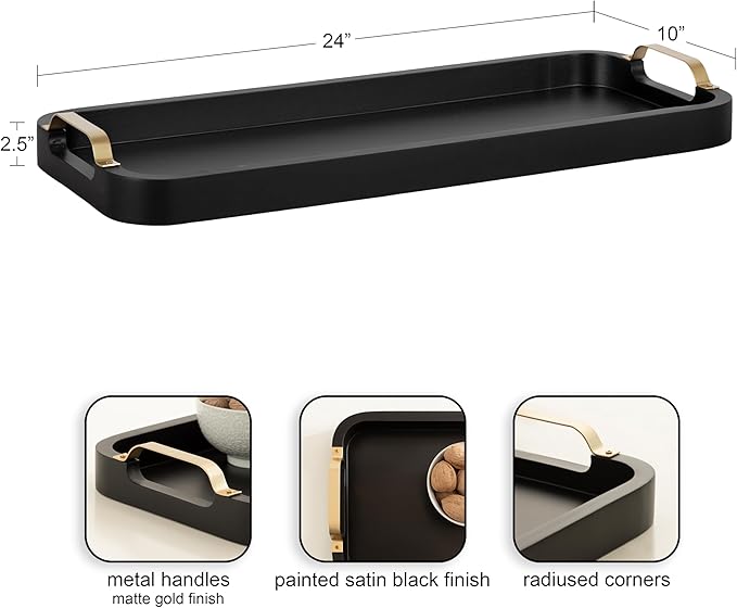 Kate and Laurel Farson Modern Decorative Wood Rectangle Tray with Handles, 10 x 24, Black and Gold, Transitional Rectangular Tray for Use as Entryway Tray Decor or Ottoman Serving Tray