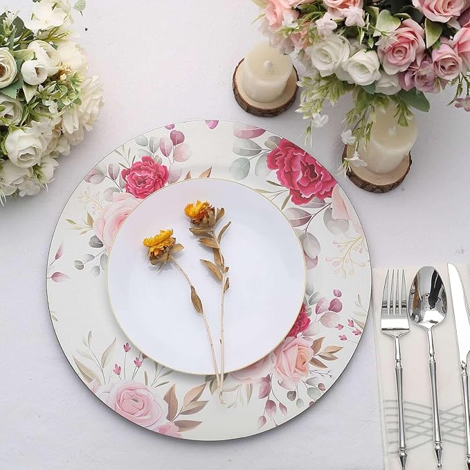 Efavormart 6 Pack | 13" Rose Flower Design Plastic Serving Plates, Disposable Spring Floral Print Charger Trays