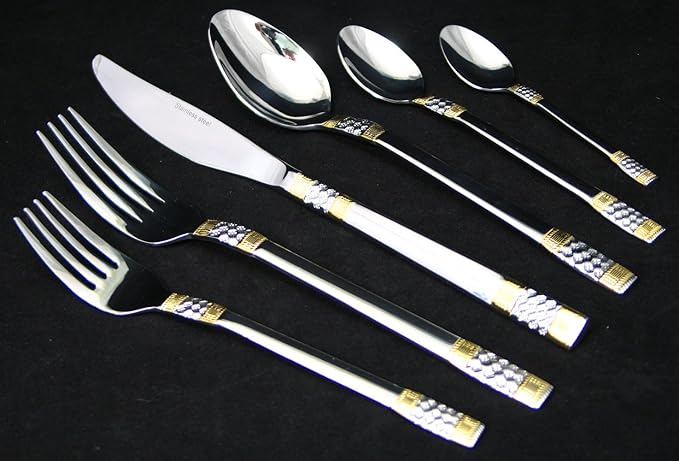 World Gifts "Venice" 75-Piece Flatware Silverware Set, Dining Service for 12, Premium 18/10 Surgical Stainless Steel, 24K Gold-Plated Hostess Serving Set, Luxury Cutlery