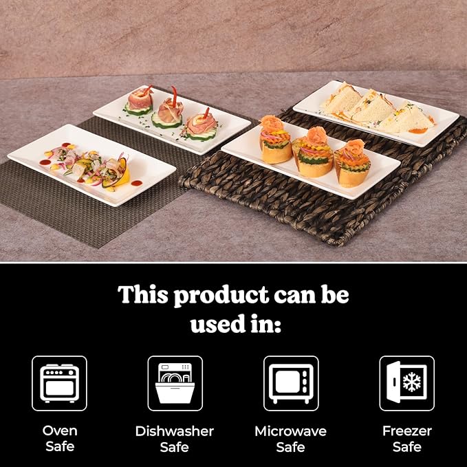 9.7" Rectangle Serving Plates, Ideal for Serving Your Favorite Platter Sized Perfectly for Appetizer, Sushi, Tapas, Taco, Dessert Platters, Raised Lip White Porcelain Tray - Set of 4