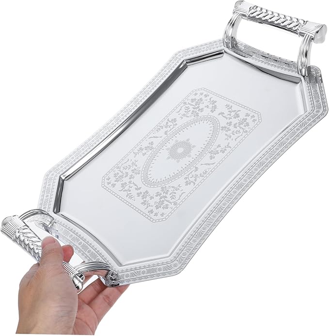 Unomor Stainless Steel Serving Tray European Style Geometric Design Silver Metal Platter for Snacks and Beverages for Parties and Entertaining
