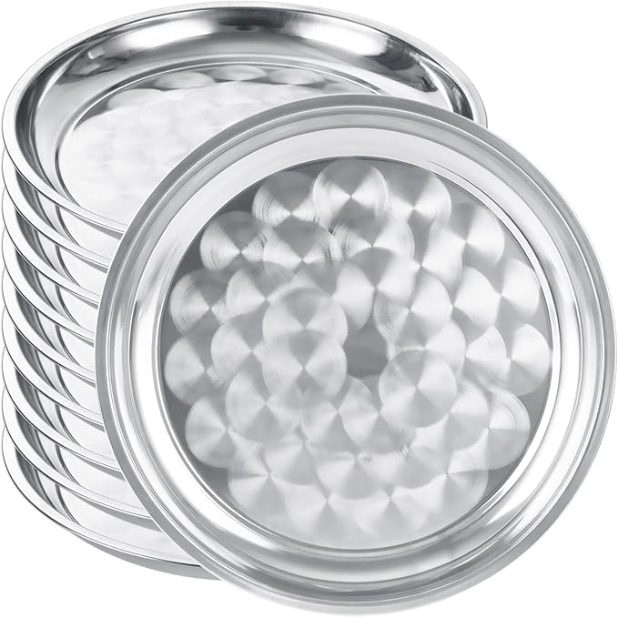 10 PCS Stainless Steel Round Serving Tray, 12 Inch Large Silver Plates Silver Serving Platter, Stainless Steel Silver Tray Decorative, Round Metal Tray for Food, Coffee Table, Party, Club, Home