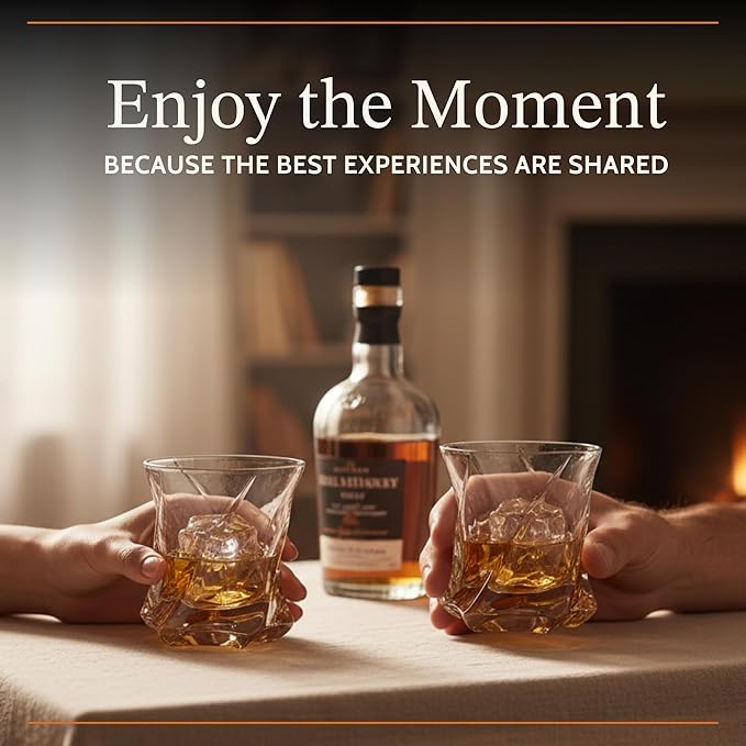 JAMES BENTLEY STAR Whiskey Heavy Tumbler Glasses – Hand Blown Crystal Whiskey Glasses, Enhances Aroma and Flavor, Premium Quality for Bourbon & Old Fashioned Tasting— Set of 2 with 4 Ice Cube Molds