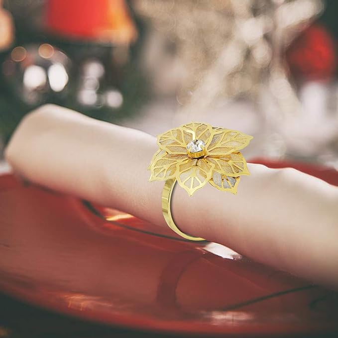 Pack of 18 Napkin Rings Alloy Hollow Out Flower Napkin Holder Dinning Table Napkin Ring for Dinner Parties Wedding Banquet Table Setting Family Gatherings Table Decor (Gold Flower, 18)