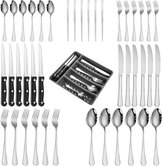 Silverware Set with Organizer and Chopsticks- 49 Pieces, Premium Stainless Steel Flatware Set, Heavy Duty Cutlery Set for 6, Dishwasher Safe Premium Kitchen Utensils, BANZOO Serving Utensils