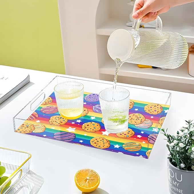 Serving Tray with Handles Clear Acrylic Tray 12x16 Inch Decorative Rectangular Tray Organizer for Ottoman Coffee Table Bathroom Rainbow Stripes Cookies Stars