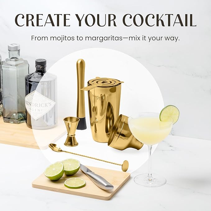 Mixology & Craft Bartender Kit: 10-Piece Cocktail Shaker Set with Dark Bamboo Stand | Complete Cocktail Kit Gift Set | Top Bartender Gifts for Men & Women | Leak-Proof Design (Gold)