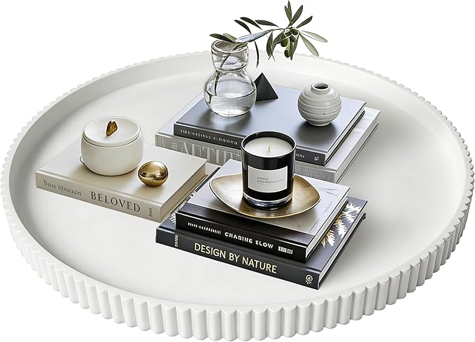 24" Round Extra Large Ottoman Serving Tray - Rustic Wooden Table Tray for Farmhouse Decorative Oversized Coffee Table Trays Living Room Kitchen Counter Breakfast White