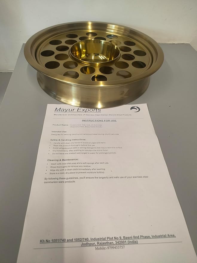 Communion Ware | Communion Tray | Holy Stackable Cup Tray for Churches | Communion Supplies | Portable Communion Tray with 24 Holes Disk | Stainless Steel - Matte Gold Finish