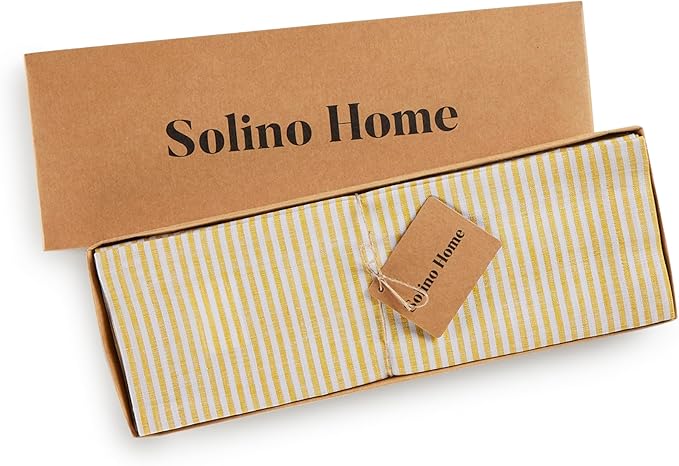 Solino Home Linen Cloth Placemats Set of 4 - Narrow Stripe 100% Pure Linen Spicy Mustard and White Farmhouse Placemats 14 x 19 Inch