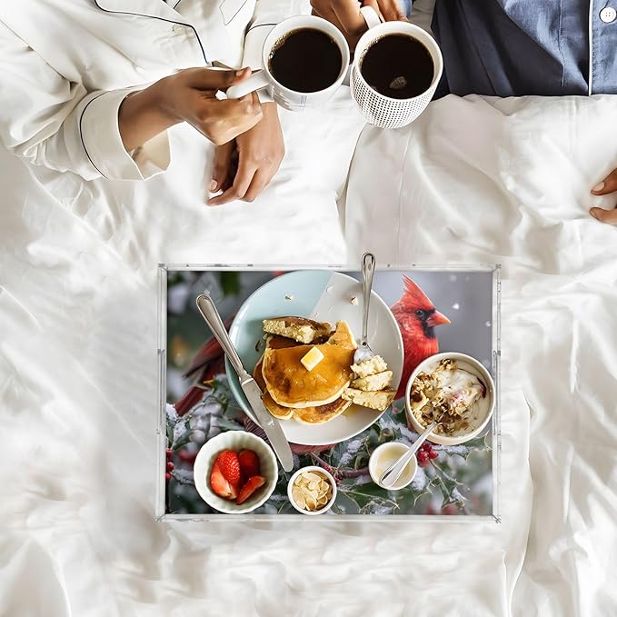 Serving Tray with Handles Clear Acrylic Tray 12x16 Inch Decorative Rectangular Tray Organizer for Ottoman Coffee Table Bathroom Winter Birds Holly
