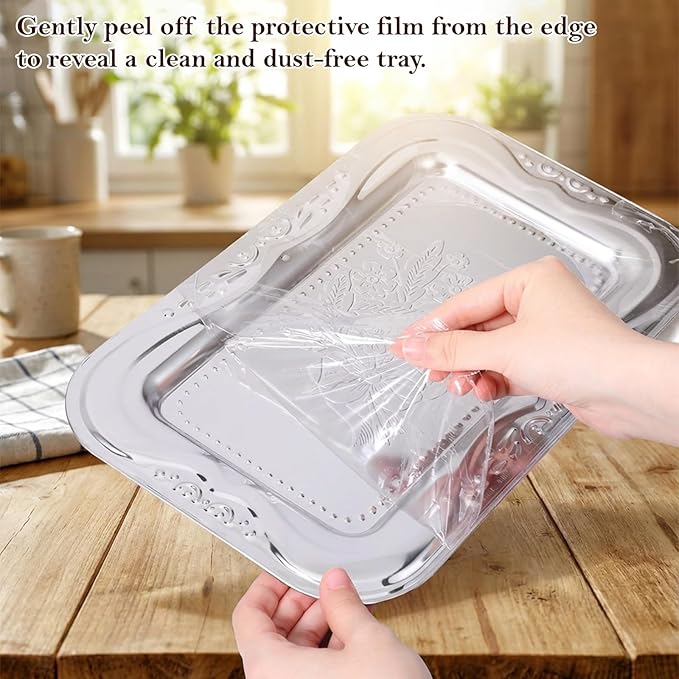 6 Packs Silver Serving Trays, 13.8" x 8.7" Bow Floral Engraved Mirror Decorative Tray, Stainless Steel Trinket Tray, Retro Vintage Embossing Rectangle Reusable Party Platters, for Tea Coffee Fruit Des