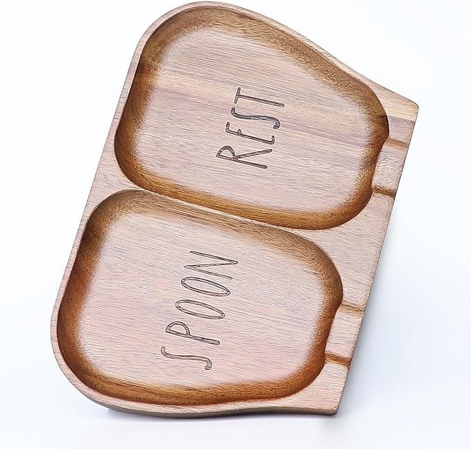 Large Acacia Wood Spoon Rest, Double Wooden Spoon Holder With Non Slip Silicone Feet, Handmade Kitchen Rest for Kitchen Countertop (Brown(Labeled "SPOON REST"))