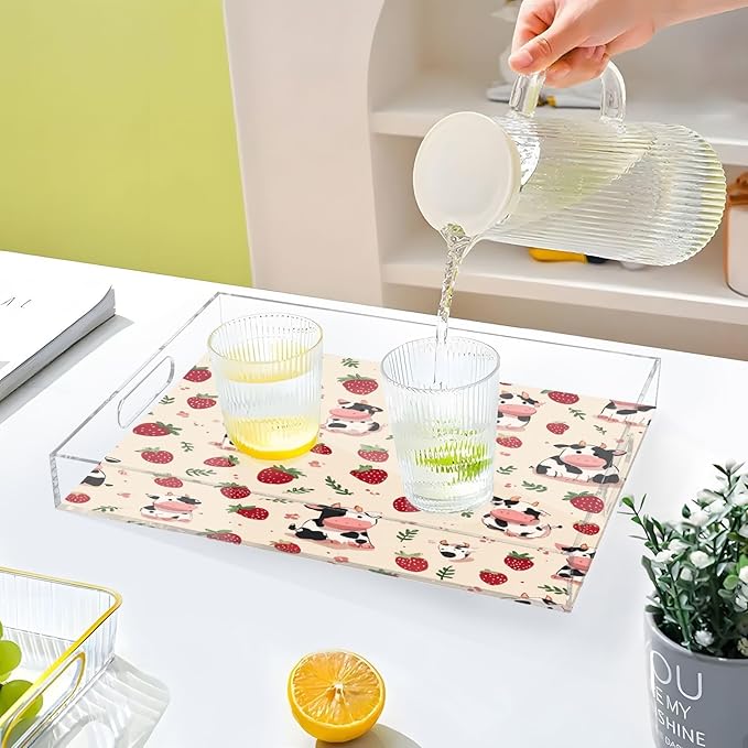 Serving Tray with Handles Clear Acrylic Tray 12x16 Inch Decorative Rectangular Tray Organizer for Ottoman Coffee Table Bathroom Beige Strawberry Cows