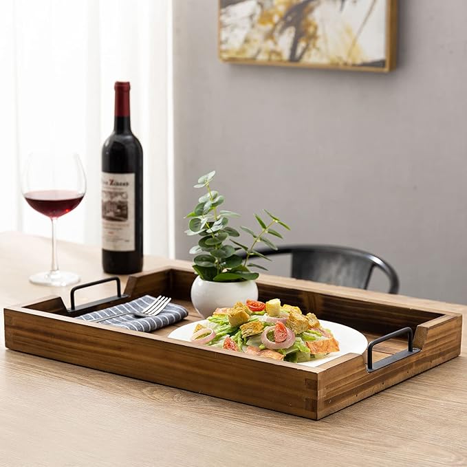 MyGift Burnt Wood Large Serving Tray with Handles, 20 x 14 Ottoman Tray, Breakfast, Coffee Server Tray