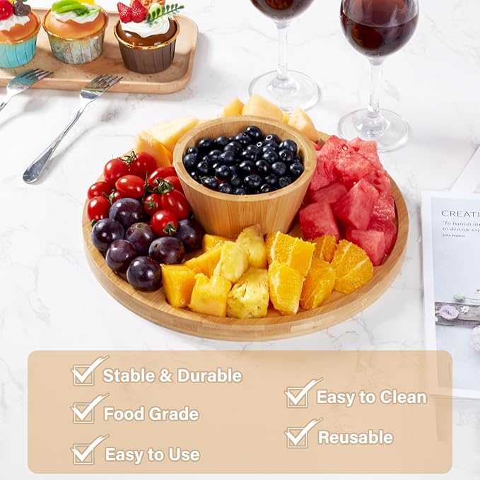 Bamboo Cake Stand with Lid, 6-in-1 Multifunctional Cake Plate, Cake Holder, Serving Tray, Fruit Platter, Salad Bowl, Dessert Table Display & Acrylic Cake Dome Cover