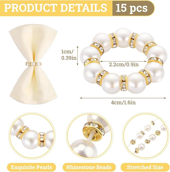 Suream 1.6 Inch Napkin Rings, Table Napkin Holder for Wedding Party Birthday Banquet Table Decor(Set of 15, White and Gold)