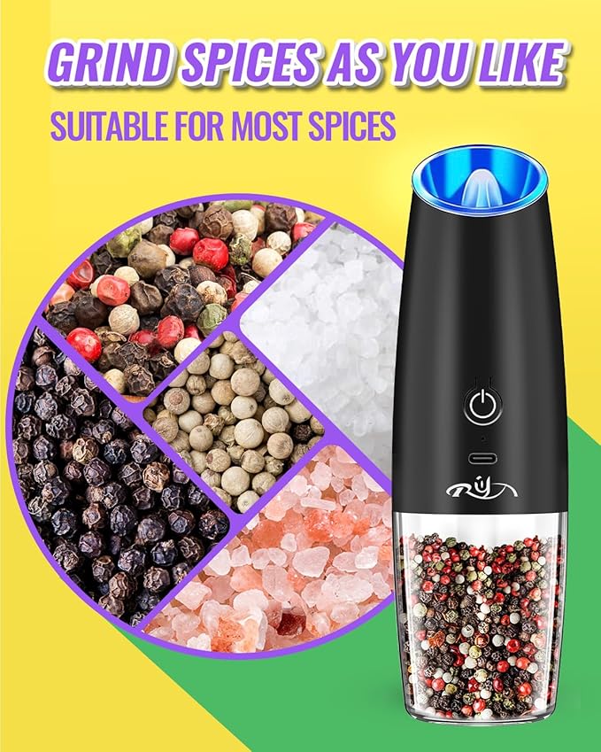 XinXu Upgraded Rechargeable Gravity Electric Pepper and Salt Grinder Set with LED lights,Stainless Steel Automatic Pepper or Salt Grinder Mill Shaker Refillable with Adjustable Coarseness,(Black)