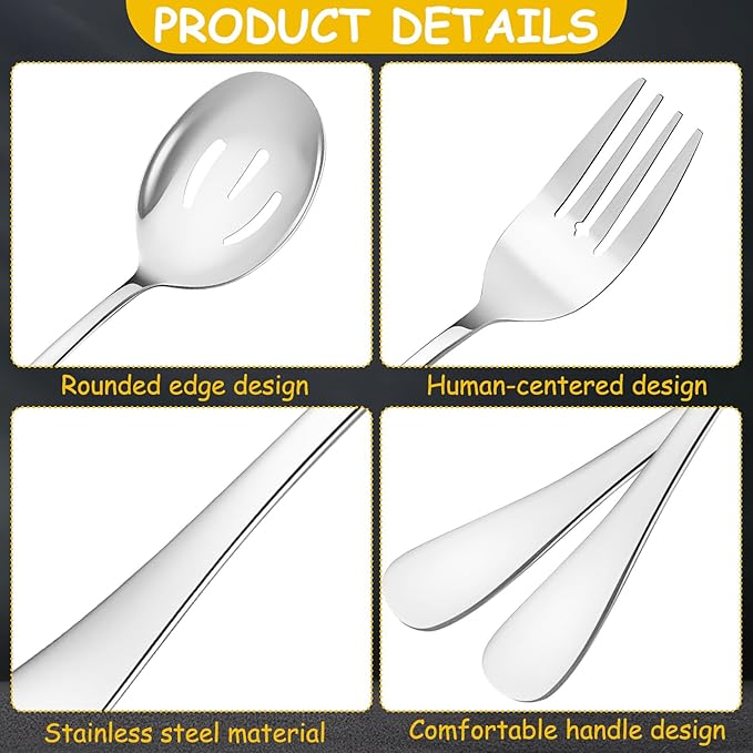 17 Pcs Silver Serving Utensils Set Include Stainless Steel Large Serving Spoons Slotted Spoons Forks Soup Ladle Pie Server - Metal Utensils for Parties Buffet Catering, Dishwasher Safe