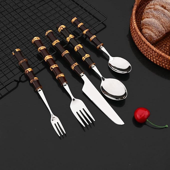 JASHII 20-piece Stainless Steel Flatware Cutlery Set Silverware Knife Fork Spoon Set Black Bamboo Handle Dishwasher Safe for Dinner Buffet