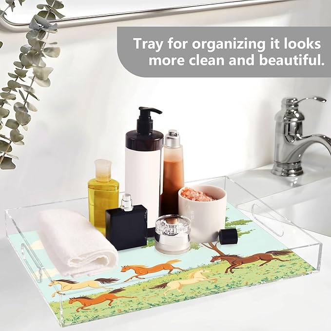 Serving Tray with Handles Clear Acrylic Tray 12x16 Inch Decorative Rectangular Tray Organizer for Ottoman Coffee Table Bathroom Horses Bird and Grassland Tree