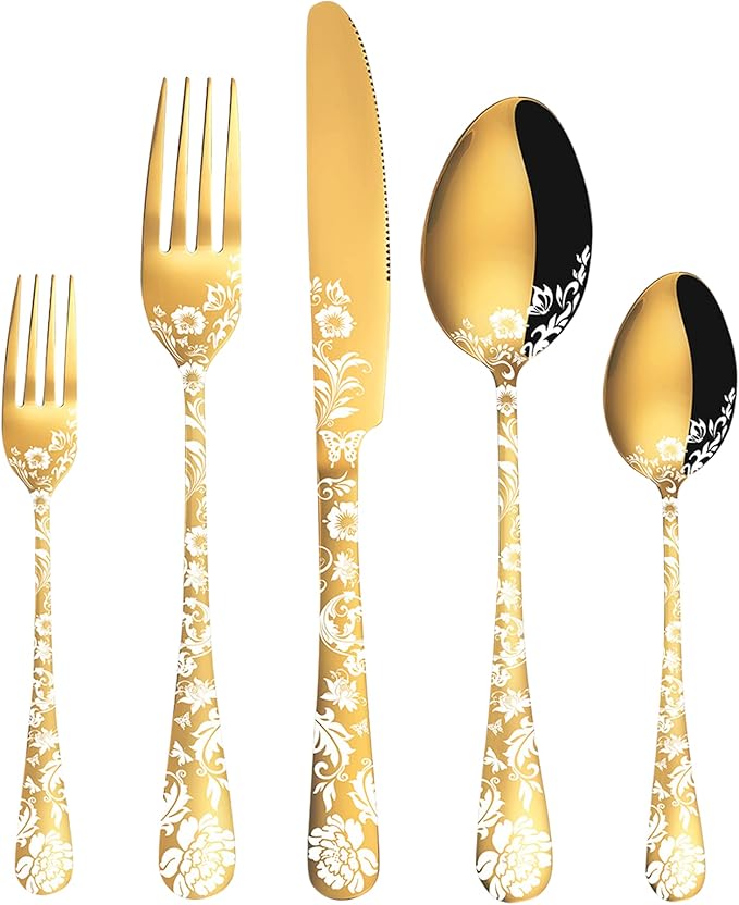 Vilihkc Gold Silverware Flatware Set for 4 Stainless Steel Cutlery Utensil Set, 20 piece Spoon and Fork Set Peony Flower Pattern Design, Mirror Polished Dishwasher Safe