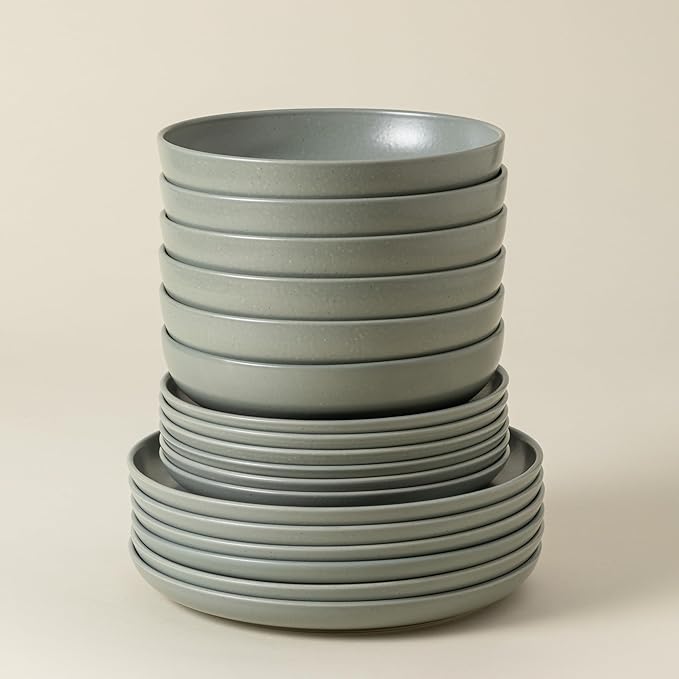 Casafina Ceramic Stoneware 18-Piece Place Setting Service for 6 with Pasta Bowls - Pacifica Collection, Artichoke Green | Microwave & Dishwasher Safe Dinnerware Set | Restaurant Quality Tableware