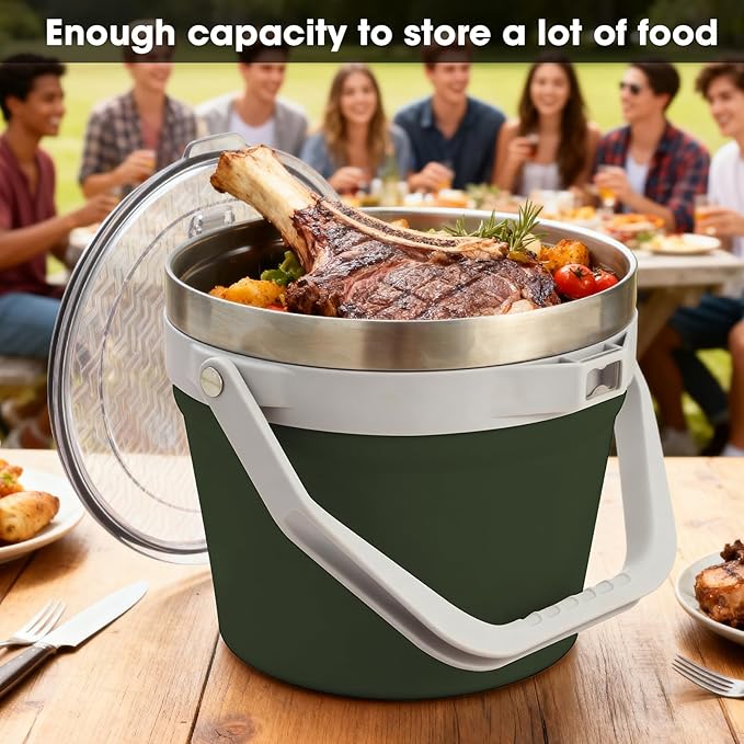 COKTIK 7L Vacuum Insulated Ice Bucket with Lid and Scoop& Tongs，Large capacity Stainless Steel Beverage Bucket for Cocktail, Champagne, Wine, Beer，Large Parties（Army Green Suit）