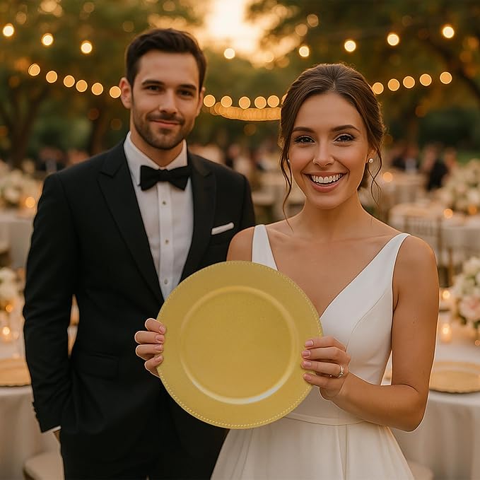 JEVERGN 24 Pack Gold Charger Plates, 13" Beaded Chargers for Dinner Plates, Gold Plate Chargers Set of 24, Round Plastic Charger for Wedding, Party Event, Dinner, Table Setting