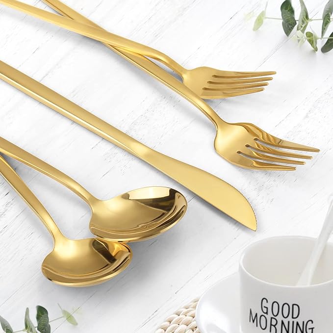 KassKa Gold Silverware Set, 20 Pieces Flatware Cutlery, Stainless Steel Utensils Spoon Fork Knives for Home Restaurant and Kitchen, Mirror Polished Finished, Service for 4